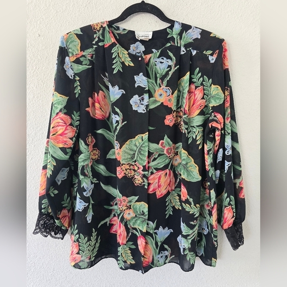 Vintage Natori Padded Blouse Women M Floral Colorful Print Lace Fairy Grunge - Picture 2 of 13
